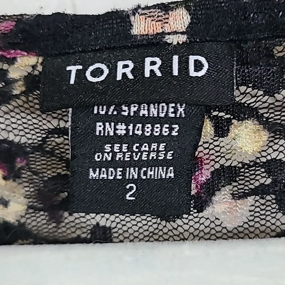 Torrid Floral Lace Peplum Blouse 2X Black Semi Sheer Babydoll Button Front Top